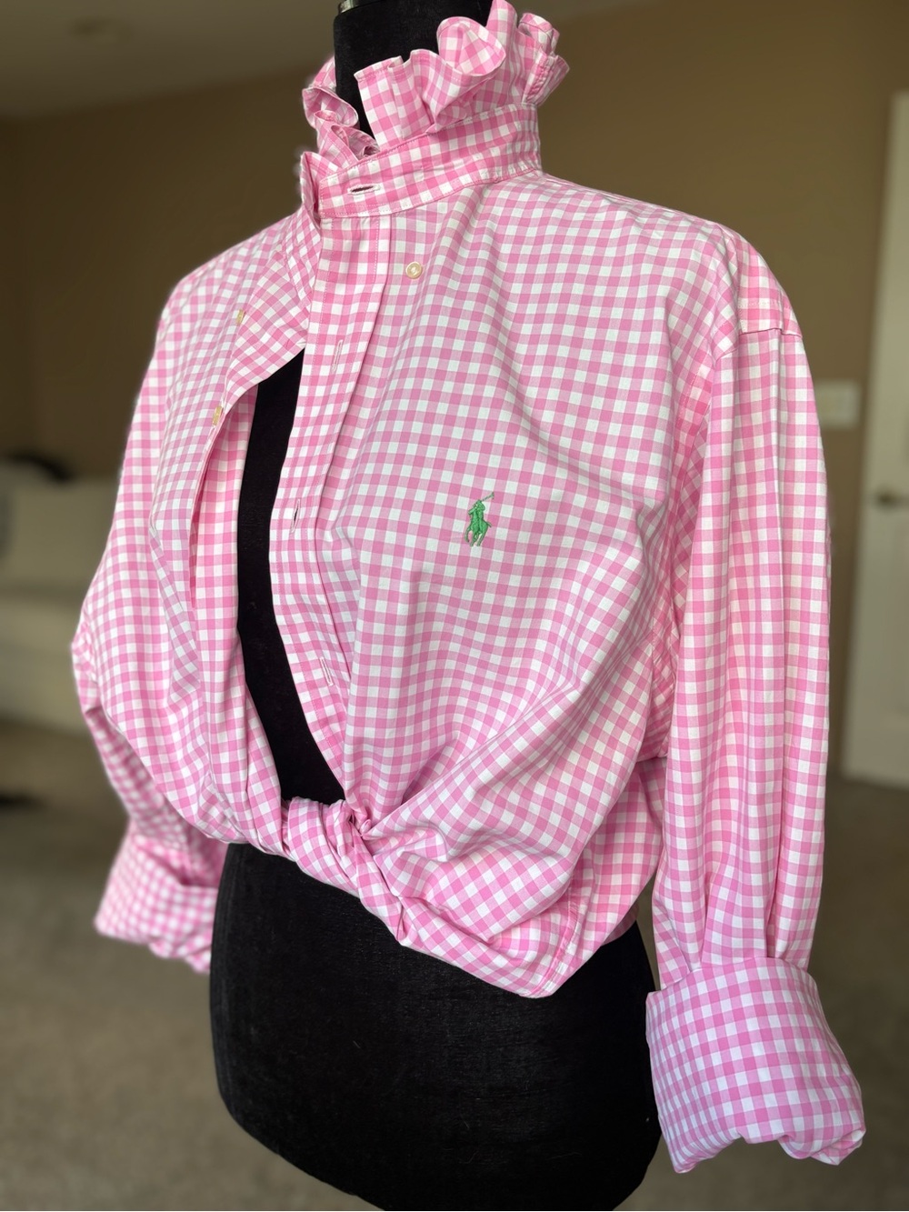 Reworked Ralph Lauren Pink and White Gingham Ruffle-Collar Button-Down